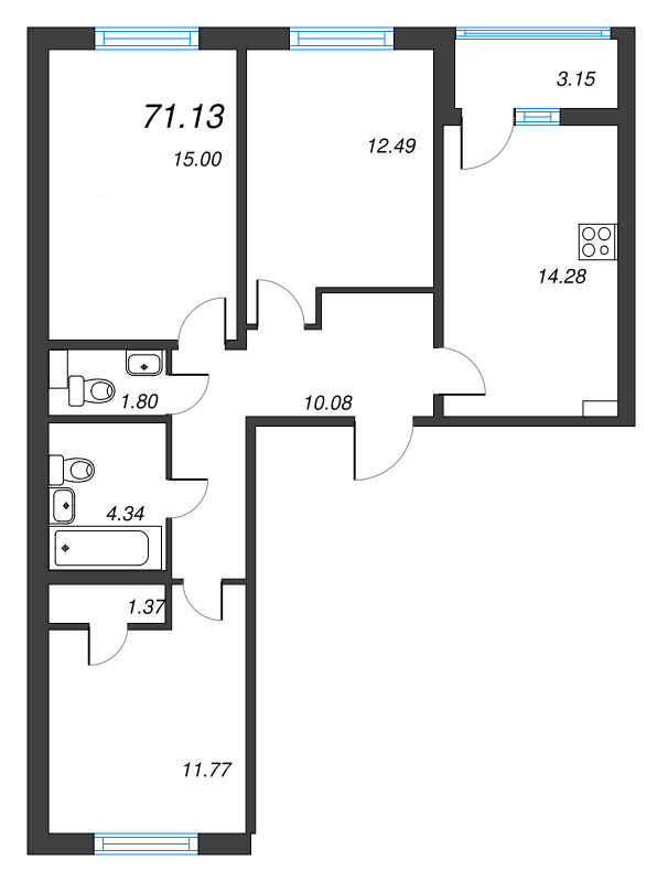 3-комнатная квартира, 71.13 м² - планировка, фото №1