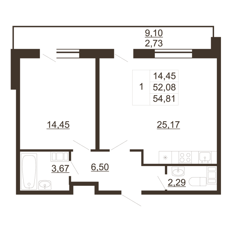2-комнатная (Евро) квартира, 54.81 м² - планировка, фото №1