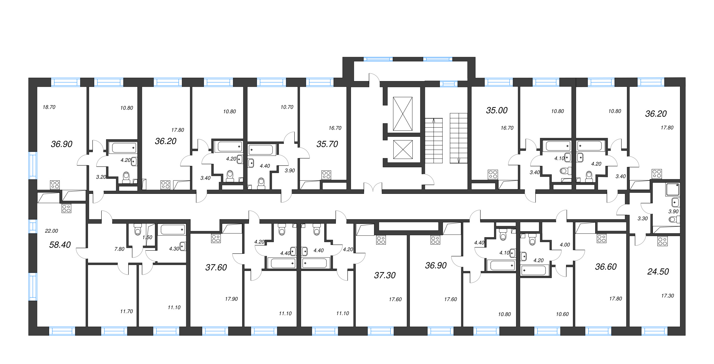 3-комнатная (Евро) квартира, 58.4 м² - планировка этажа
