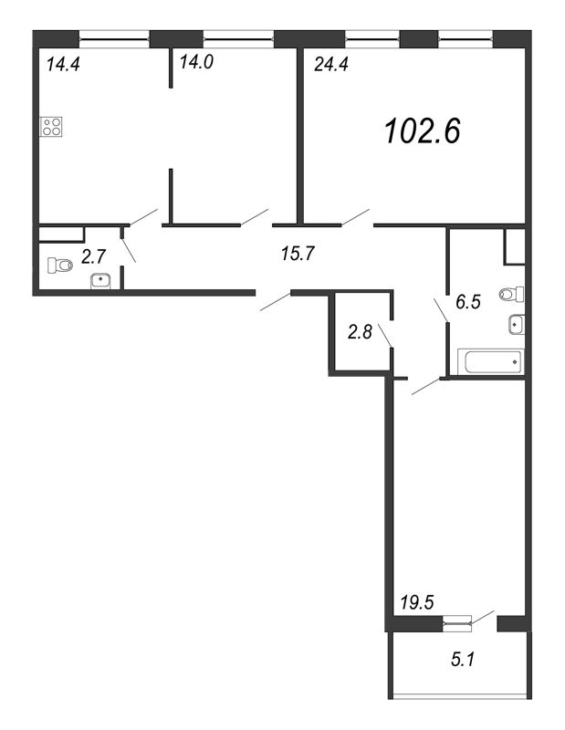 3-комнатная квартира, 103 м² - планировка, фото №1