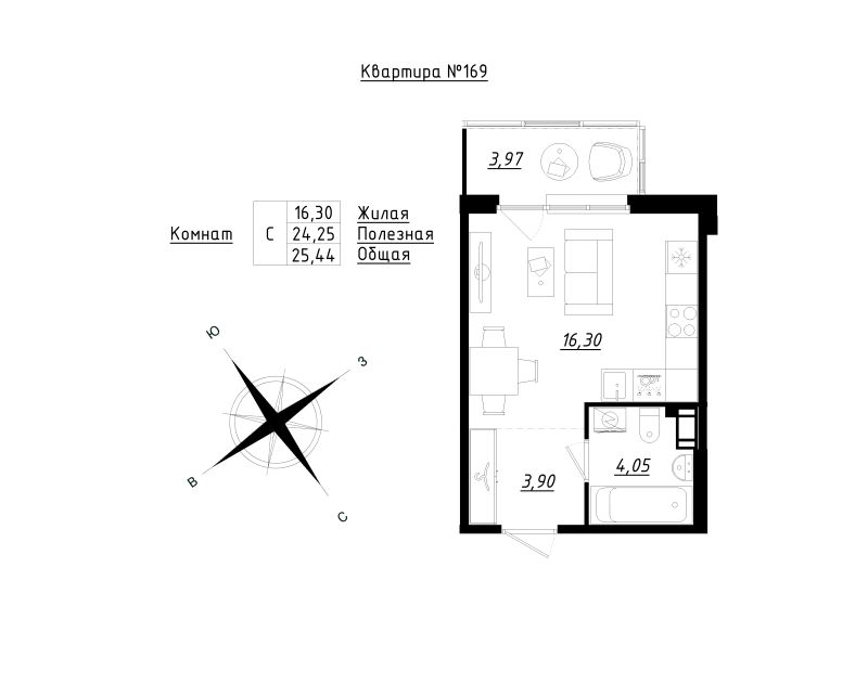 Квартира-студия, 25.44 м² в ЖК "Счастье 2.0" - планировка, фото №1