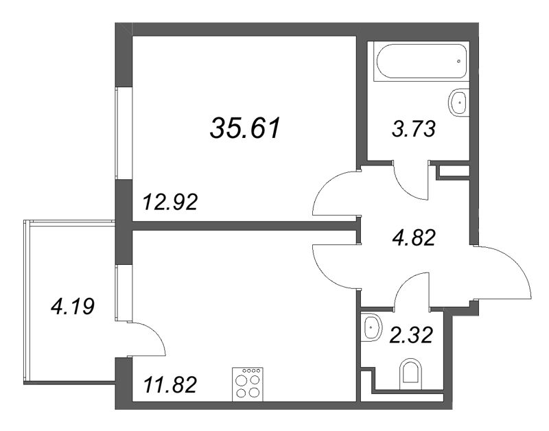 1-комнатная квартира, 35.61 м² в ЖК "ЮгТаун" - планировка, фото №1
