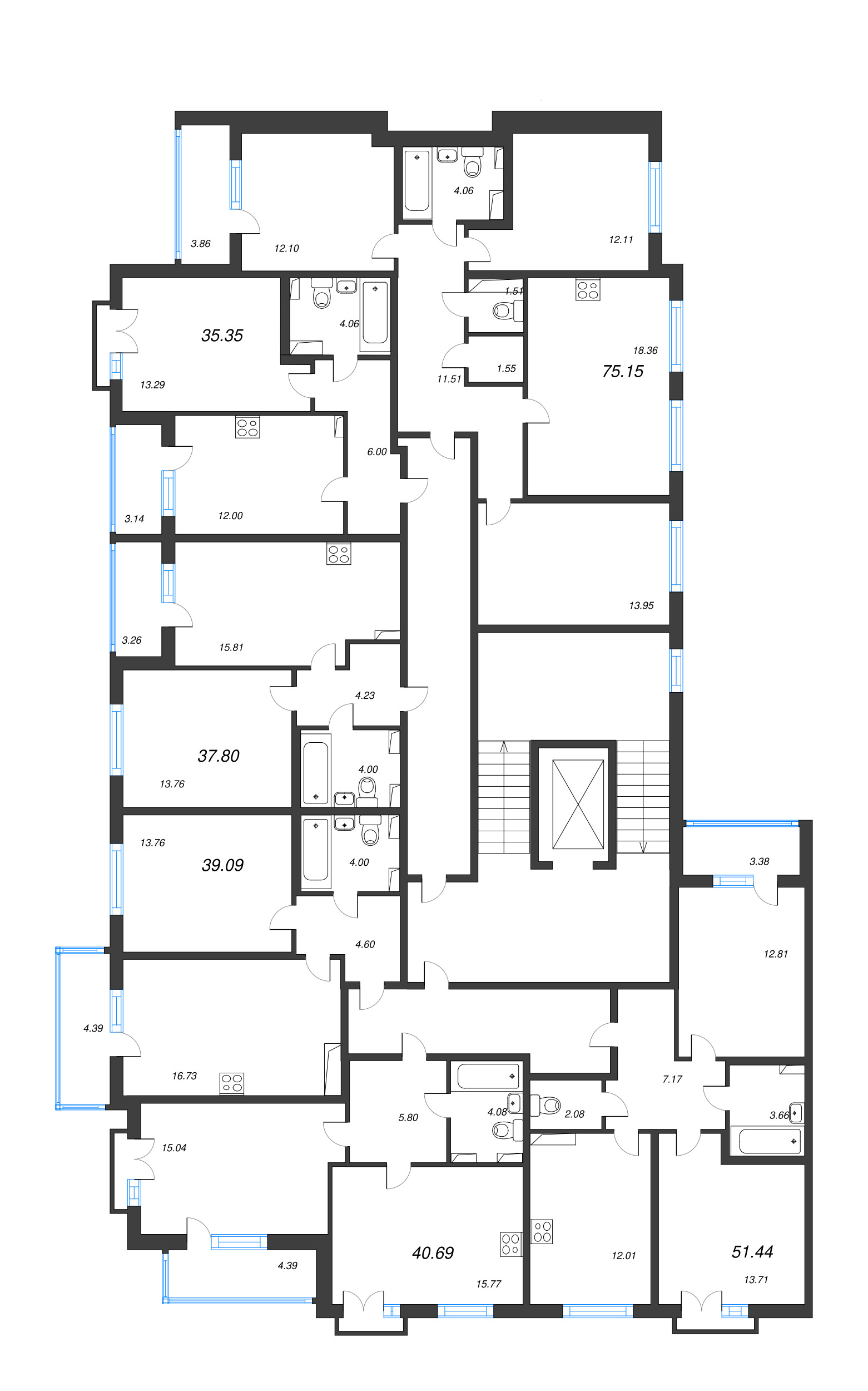 1-комнатная квартира, 35.35 м² - планировка этажа