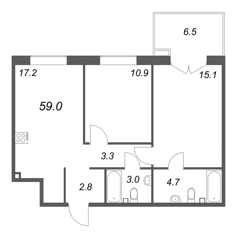 3-комнатная (Евро) квартира, 59 м² в ЖК "Кронунг ЮГ" - планировка, фото №1