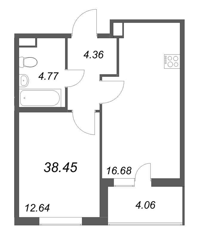 2-комнатная (Евро) квартира, 38.45 м² - планировка, фото №1