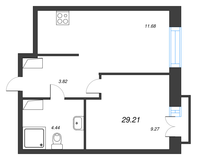 1-комнатная квартира, 29.21 м² - планировка, фото №1