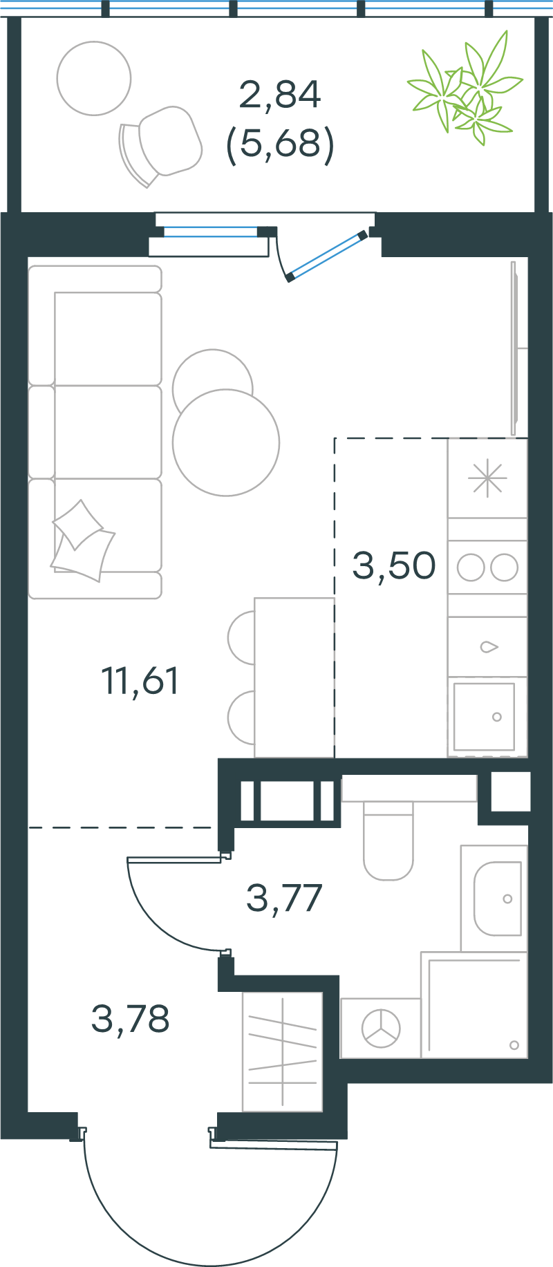 Квартира-студия, 25.4 м² в ЖК "Левел Мечникова" - планировка, фото №1