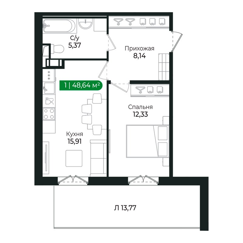 2-комнатная (Евро) квартира, 41.7 м² в ЖК "Сертолово Парк" - планировка, фото №1