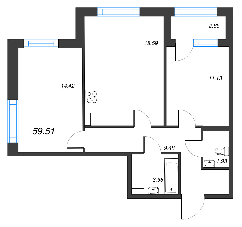 3-комнатная (Евро) квартира, 59.51 м² в ЖК "Б15" - планировка, фото №1