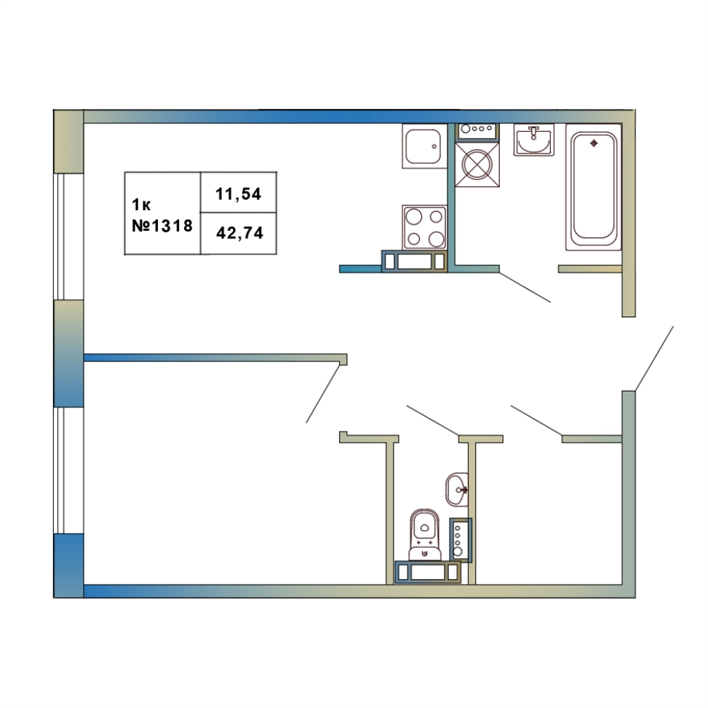 1-комнатная квартира, 42.74 м² в ЖК "Атмосфера Выборга" - планировка, фото №1
