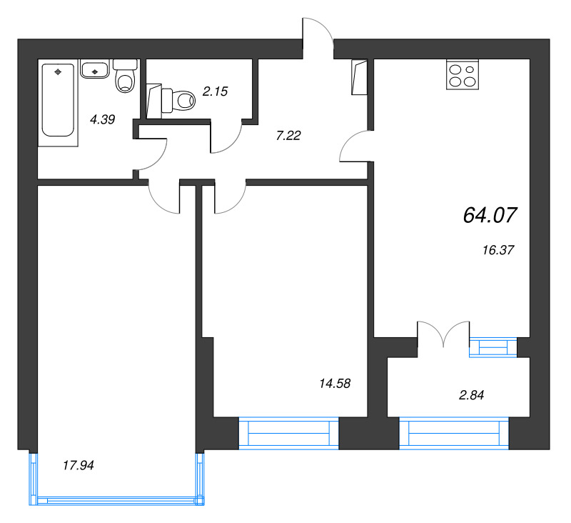 3-комнатная (Евро) квартира, 64.07 м² в ЖК "Наука" - планировка, фото №1