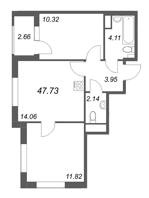2-комнатная квартира, 47.73 м² в ЖК "Гранат" - планировка, фото №1