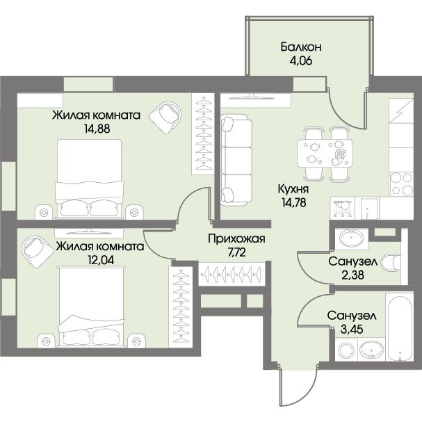 2-комнатная квартира, 56.47 м² в ЖК "Рощино Residence" - планировка, фото №1