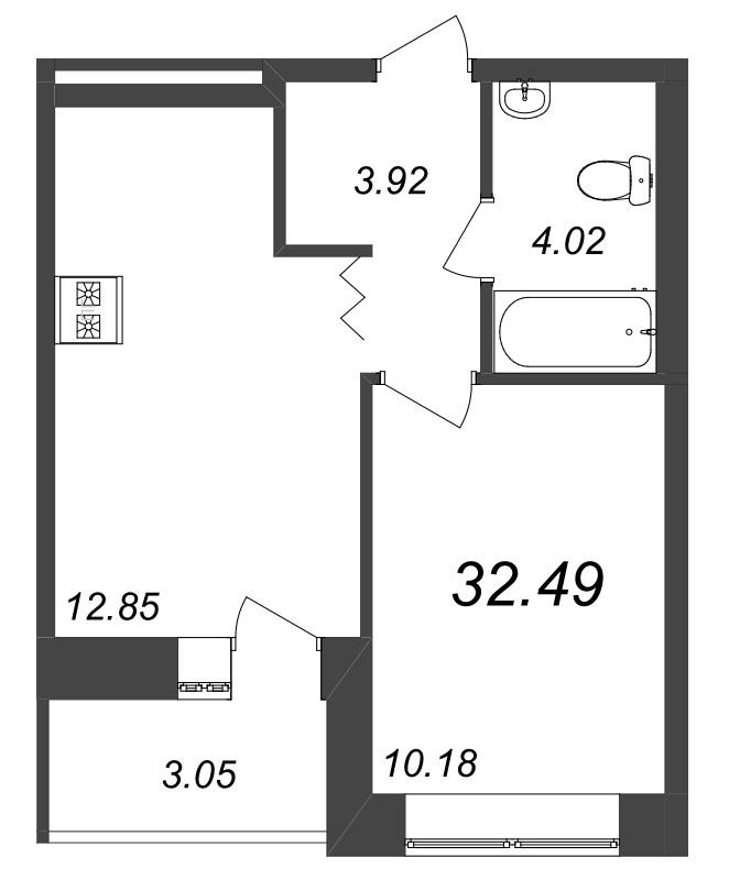 1-комнатная квартира, 32.49 м² - планировка, фото №1