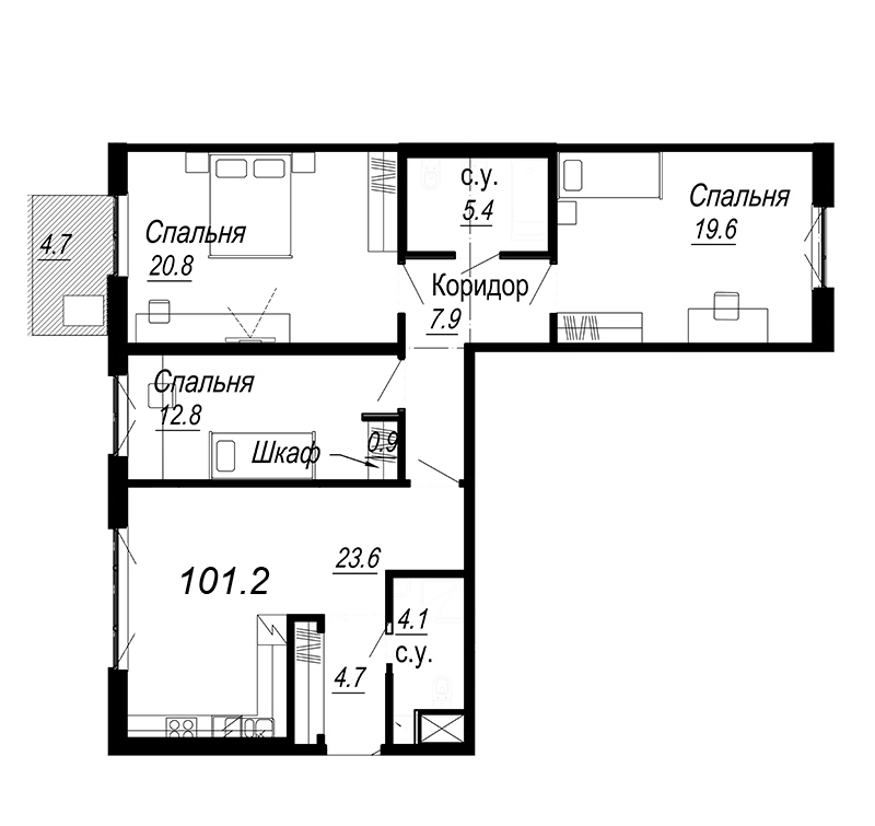 3-комнатная квартира, 104.07 м² - планировка, фото №1