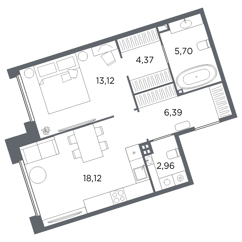 2-комнатная (Евро) квартира, 50.66 м² в ЖК "Акватория" - планировка, фото №1