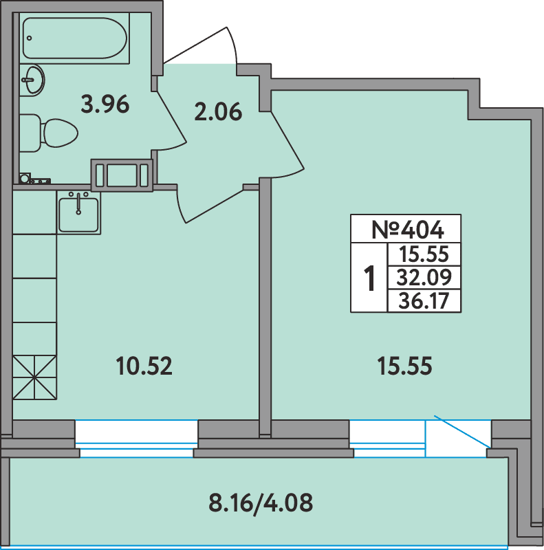 1-комнатная квартира, 36.5 м² в ЖК "Удача (Вита)" - планировка, фото №1