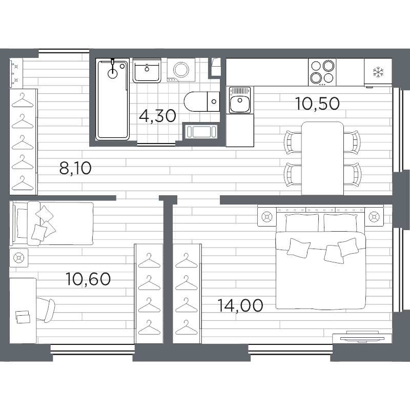 2-комнатная квартира, 47.5 м² в ЖК "PLUS Пулковский" - планировка, фото №1