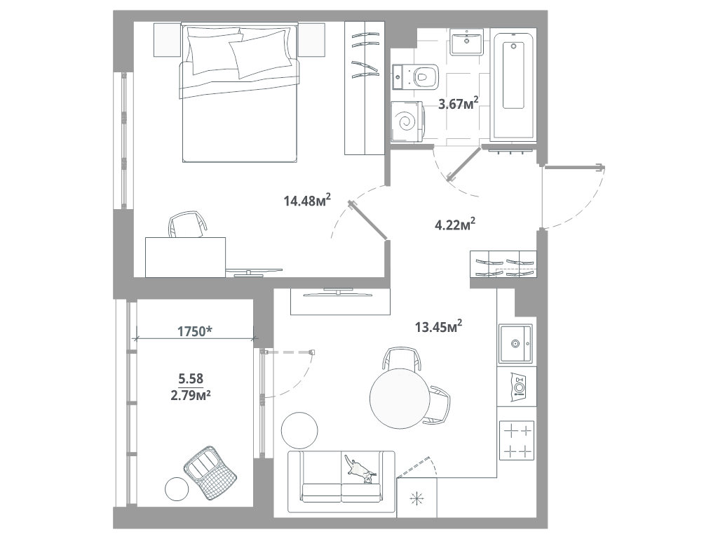1-комнатная квартира, 38.61 м² в ЖК "ЛесArt" - планировка, фото №1