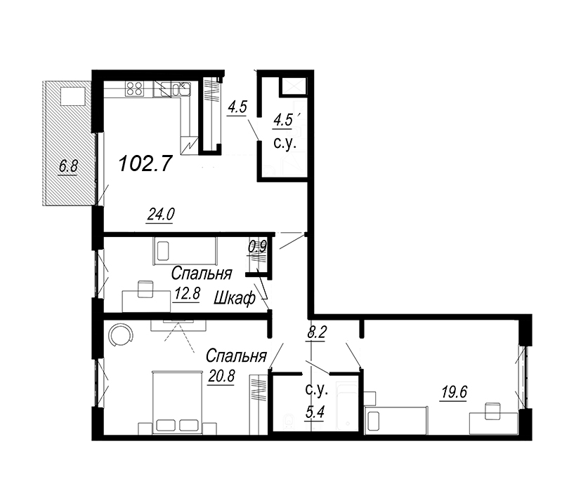 3-комнатная квартира, 106.61 м² - планировка, фото №1