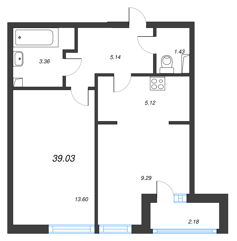 2-комнатная (Евро) квартира, 39.5 м² в ЖК "AEROCITY" - планировка, фото №1