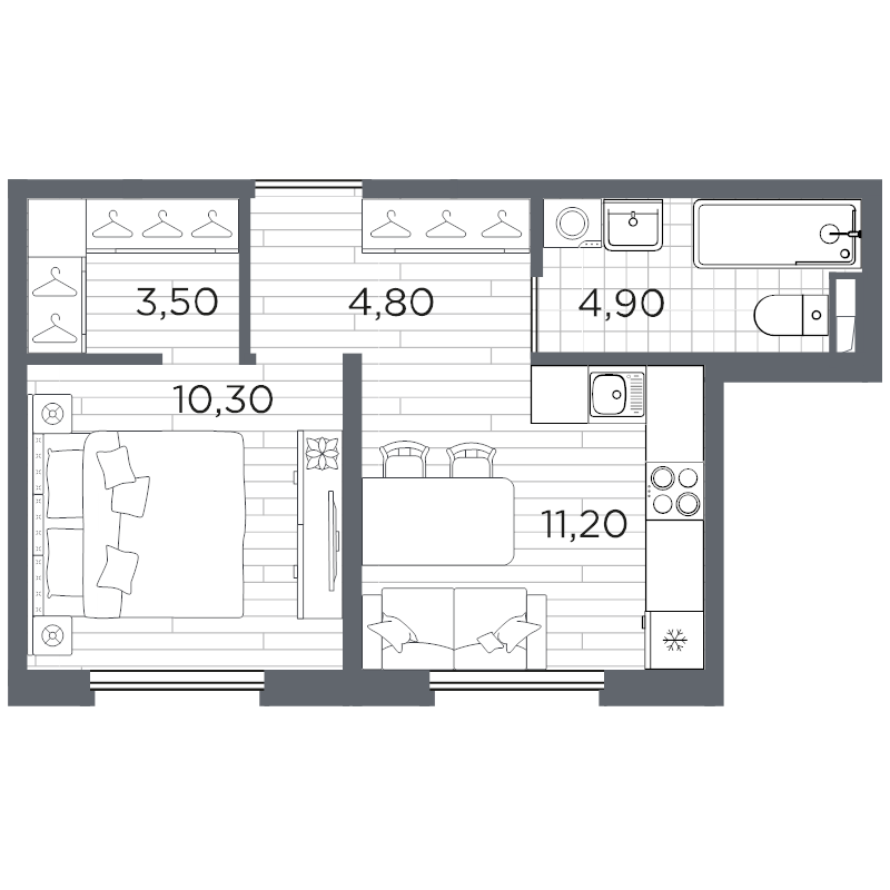 1-комнатная квартира, 35.2 м² в ЖК "Плюс Пулковский" - планировка, фото №1