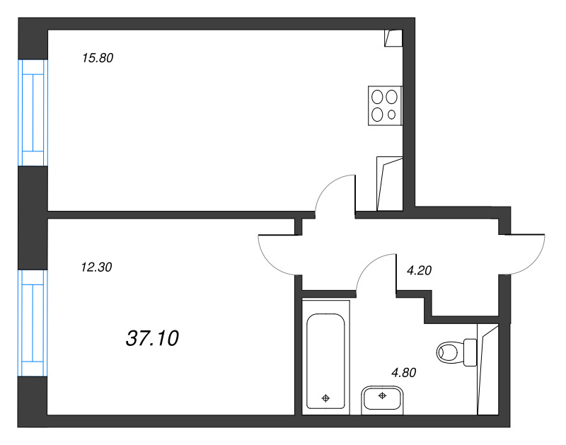 2-комнатная (Евро) квартира, 37.1 м² в ЖК "Большая Охта" - планировка, фото №1