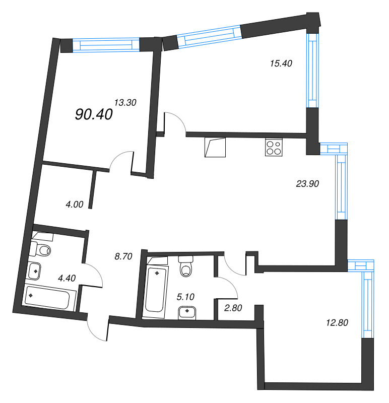 4-комнатная (Евро) квартира, 90.4 м² в ЖК "Цвет Зеленогорска" - планировка, фото №1