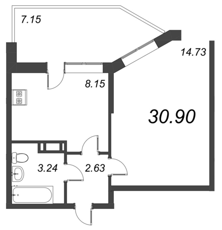 1-комнатная квартира, 30.9 м² - планировка, фото №1