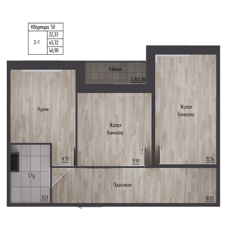 2-комнатная квартира, 46.9 м² - планировка, фото №1