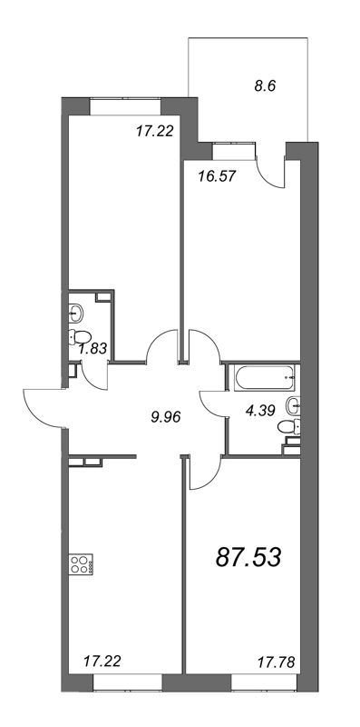 3-комнатная квартира, 88.9 м² - планировка, фото №1