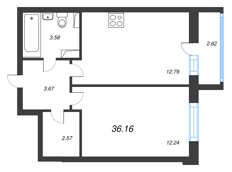 2-комнатная (Евро) квартира, 36.16 м² в ЖК "Кинопарк" - планировка, фото №1