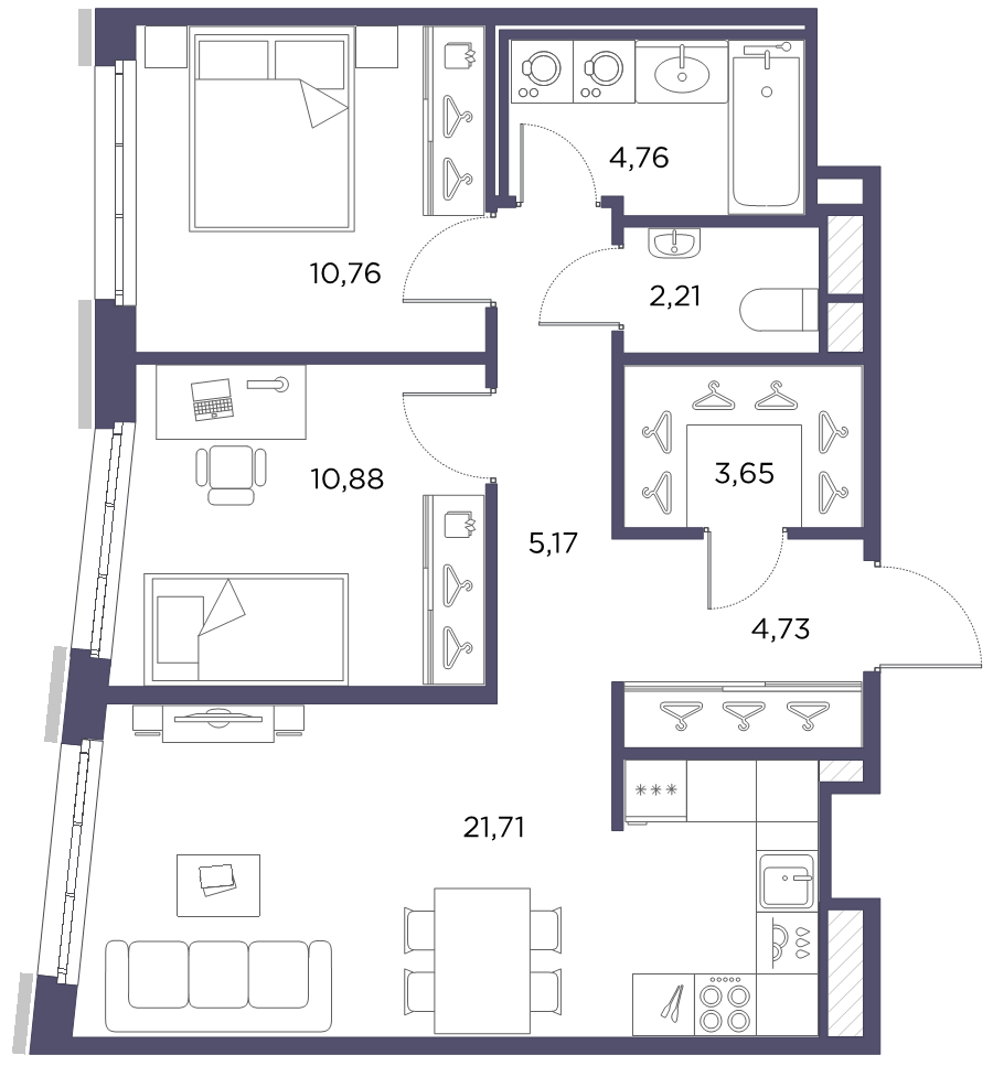 3-комнатная (Евро) квартира, 64.8 м² в ЖК "Лисичанская, 22" - планировка, фото №1