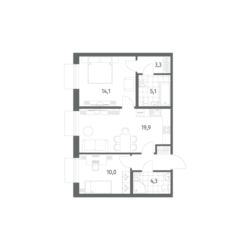 3-комнатная (Евро) квартира, 60.4 м² в ЖК "Парусная 1" - планировка, фото №1