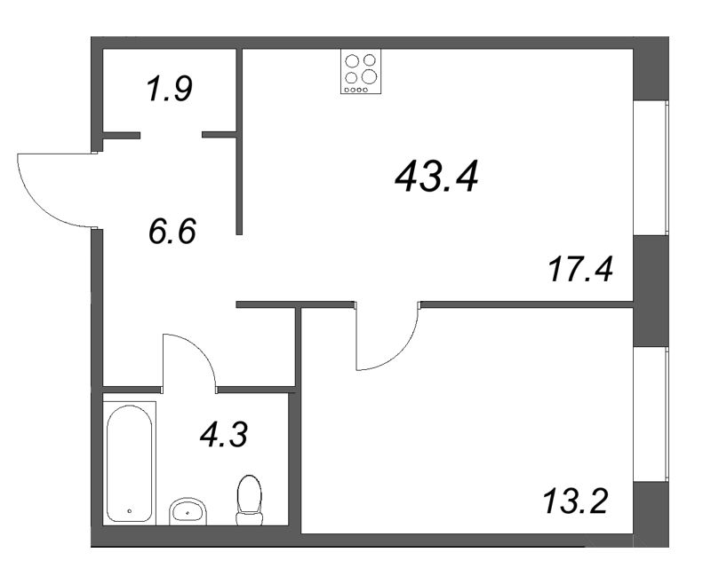 2-комнатная (Евро) квартира, 43.4 м² в ЖК "Передвижники" - планировка, фото №1