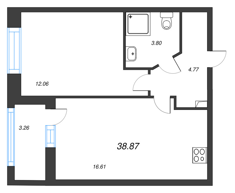2-комнатная (Евро) квартира, 38.87 м² в ЖК "Аквилон Leaves" - планировка, фото №1