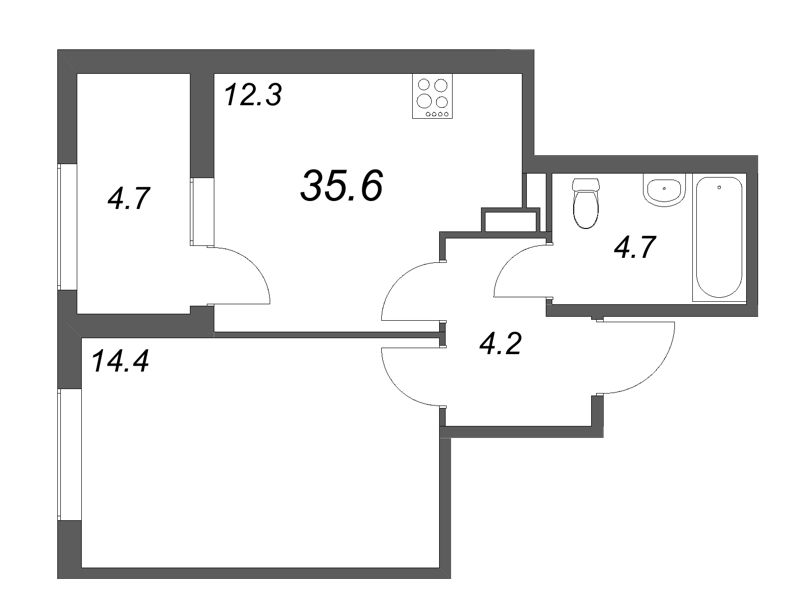 1-комнатная квартира, 35.6 м² - планировка, фото №1