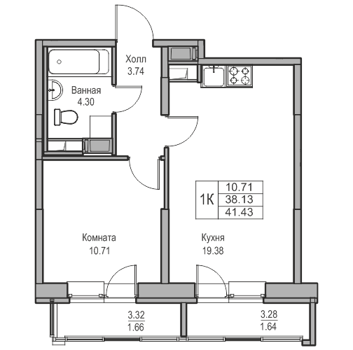 2-комнатная (Евро) квартира, 41.43 м² в ЖК "Юнтолово" - планировка, фото №1