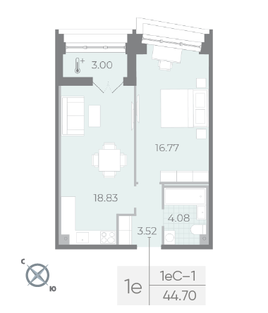2-комнатная (Евро) квартира, 44.7 м² - планировка, фото №1