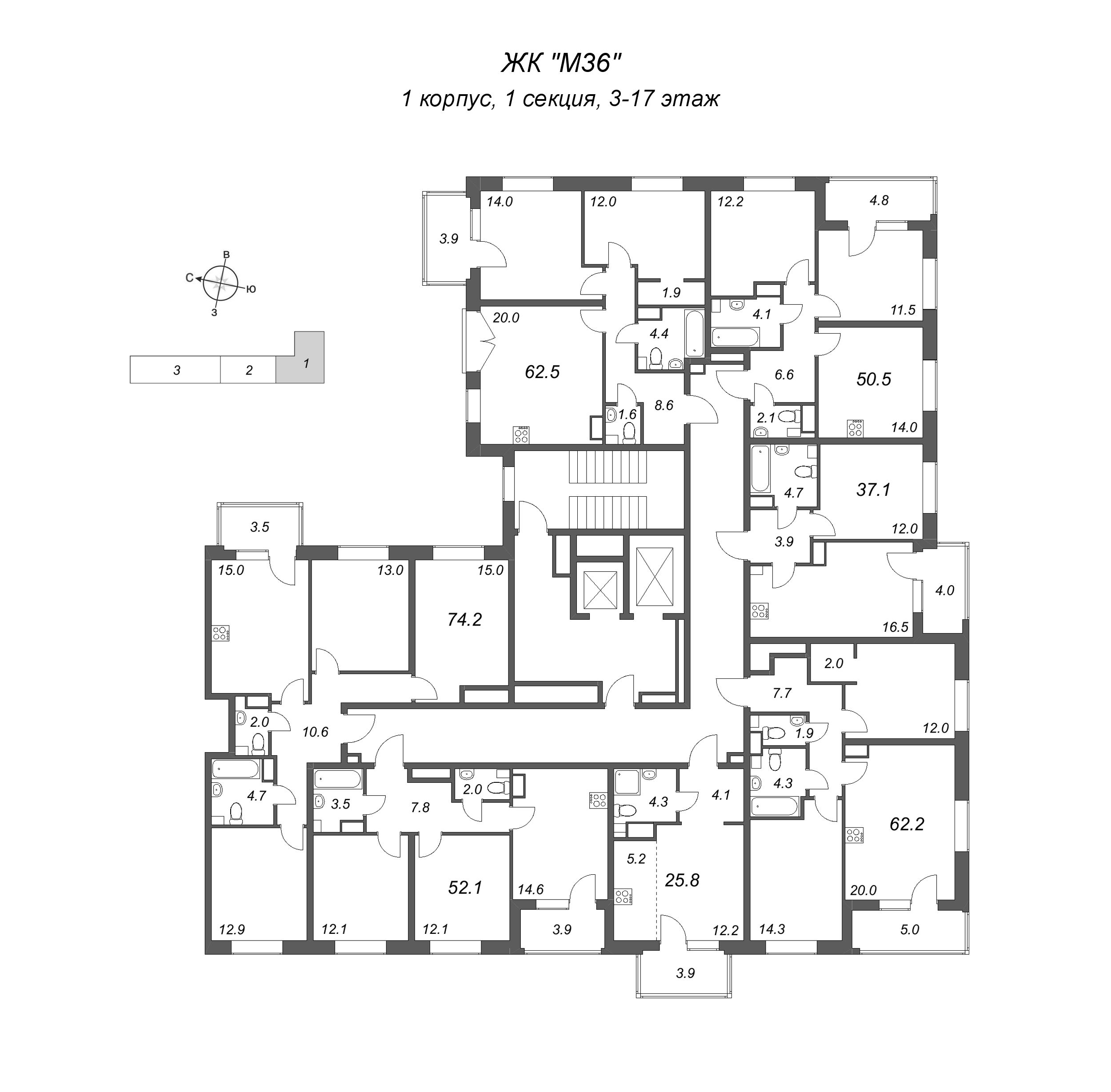 Квартира-студия, 25.8 м² в ЖК "М36" - планировка этажа