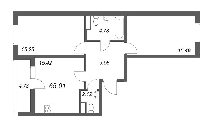 3-комнатная (Евро) квартира, 65.01 м² - планировка, фото №1