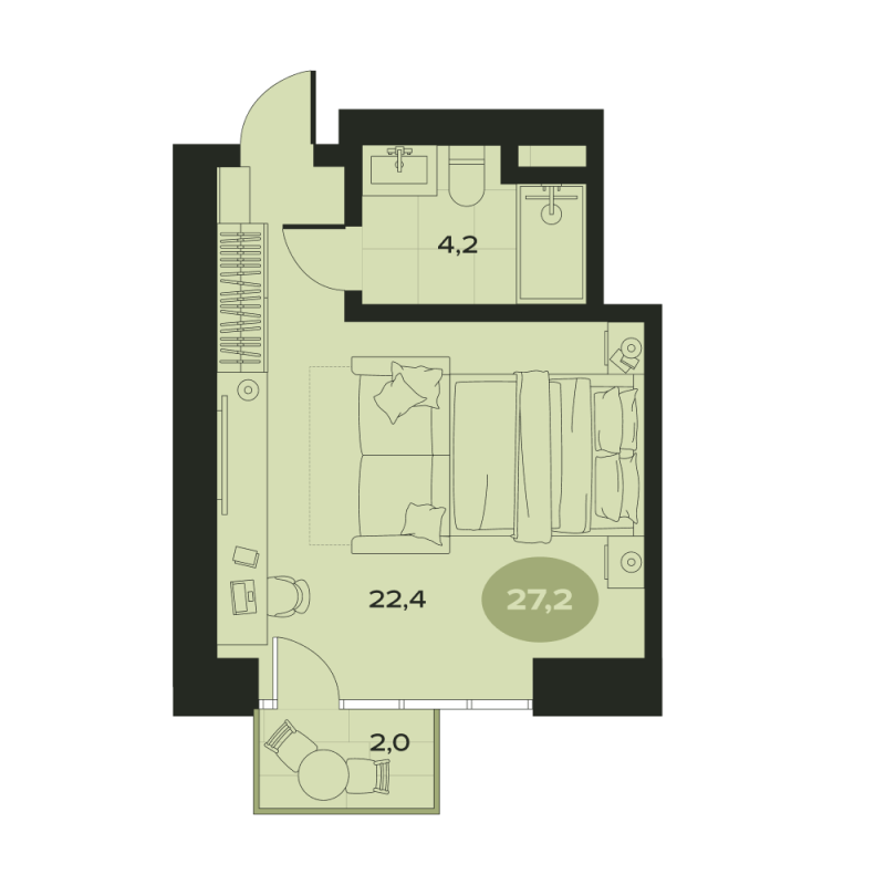 1-комнатная квартира, 28.6 м² - планировка, фото №1