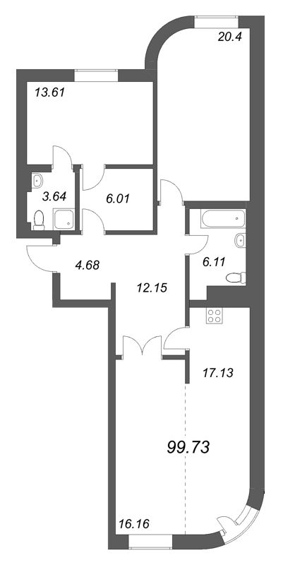 3-комнатная (Евро) квартира, 99.73 м² в ЖК "Фонтанка 130" - планировка, фото №1