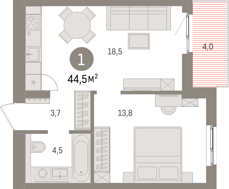2-комнатная (Евро) квартира, 44.5 м² в ЖК "Брусника в Новоселье" - планировка, фото №1