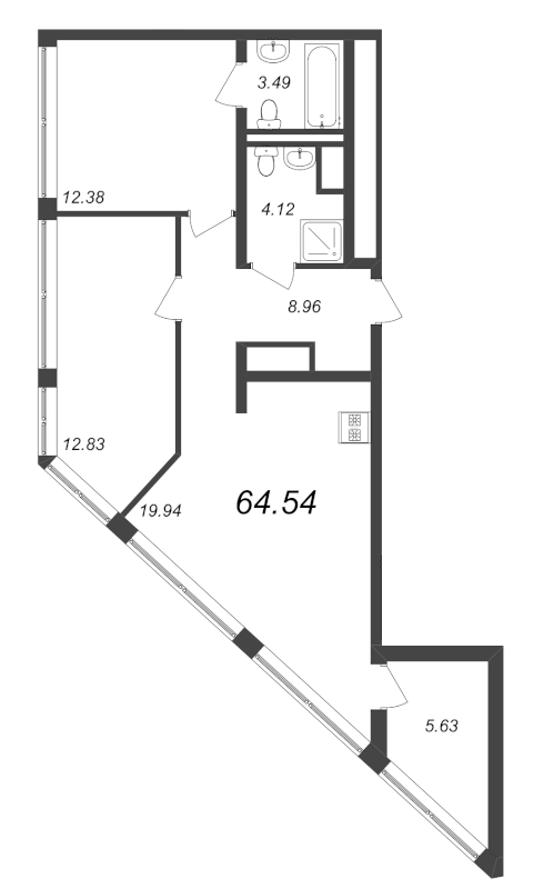 3-комнатная (Евро) квартира, 64.54 м² - планировка, фото №1