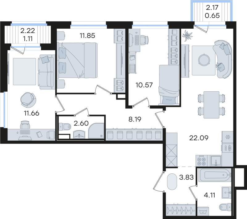 4-комнатная (Евро) квартира, 76.66 м² в ЖК "Романовка" - планировка, фото №1