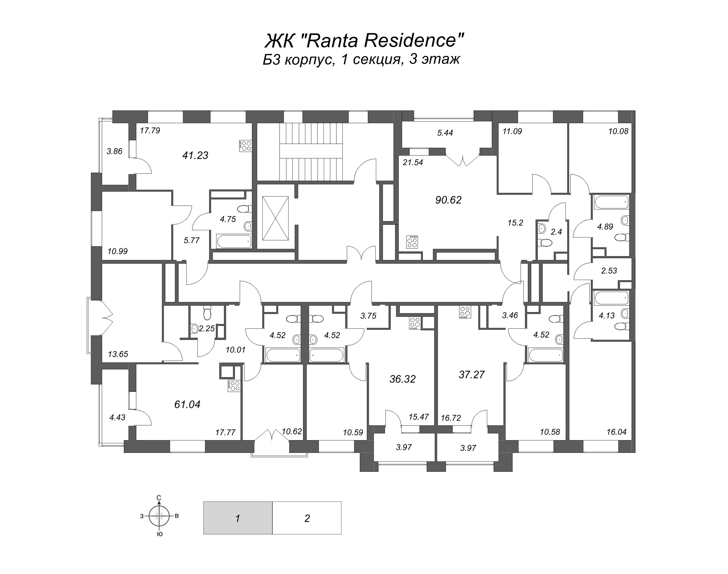 4-комнатная (Евро) квартира, 90.62 м² - планировка этажа