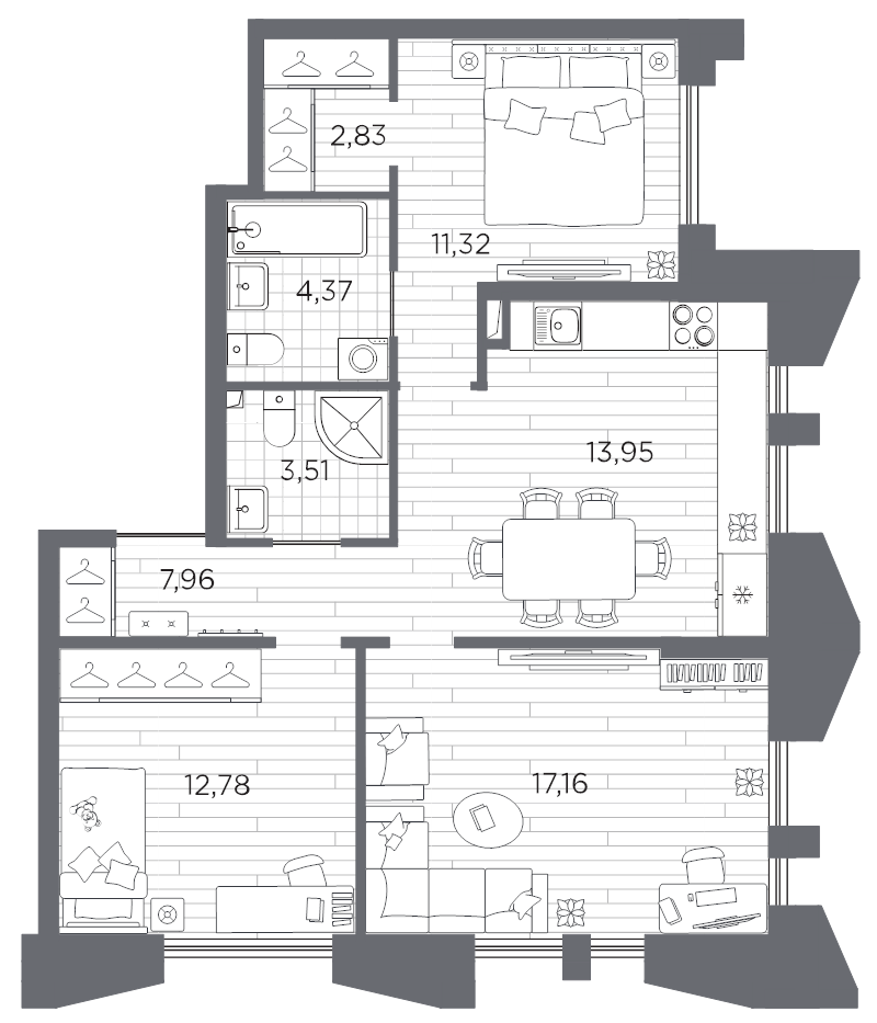 3-комнатная квартира, 73.88 м² в ЖК "Галерная гавань" - планировка, фото №1