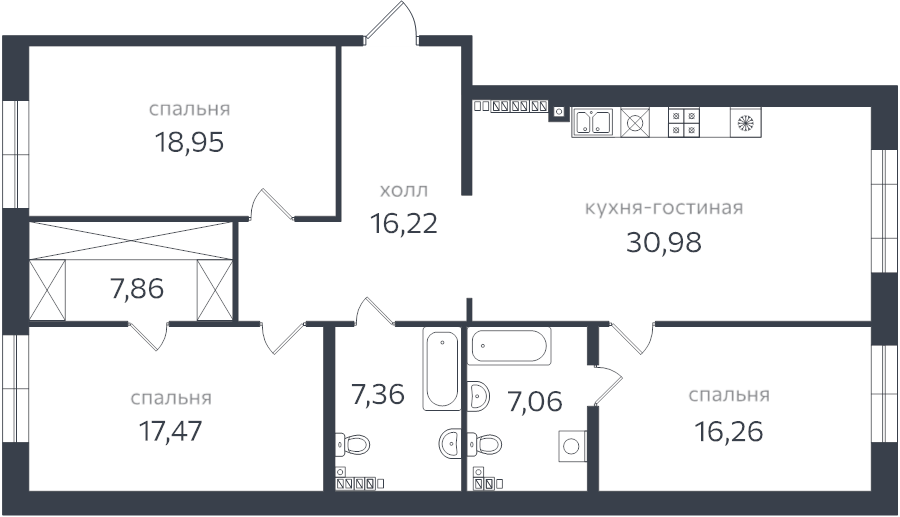 4-комнатная (Евро) квартира, 127.2 м² в ЖК "Петровская коса" - планировка, фото №1