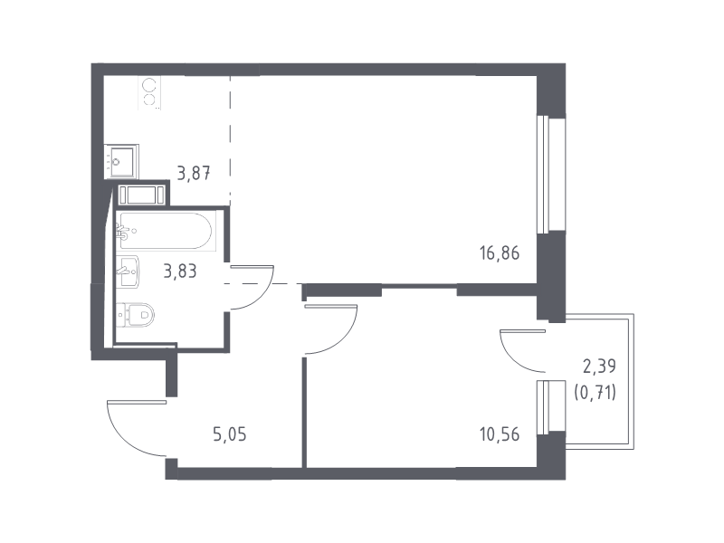 2-комнатная (Евро) квартира, 40.88 м² в ЖК "Новые Лаврики" - планировка, фото №1